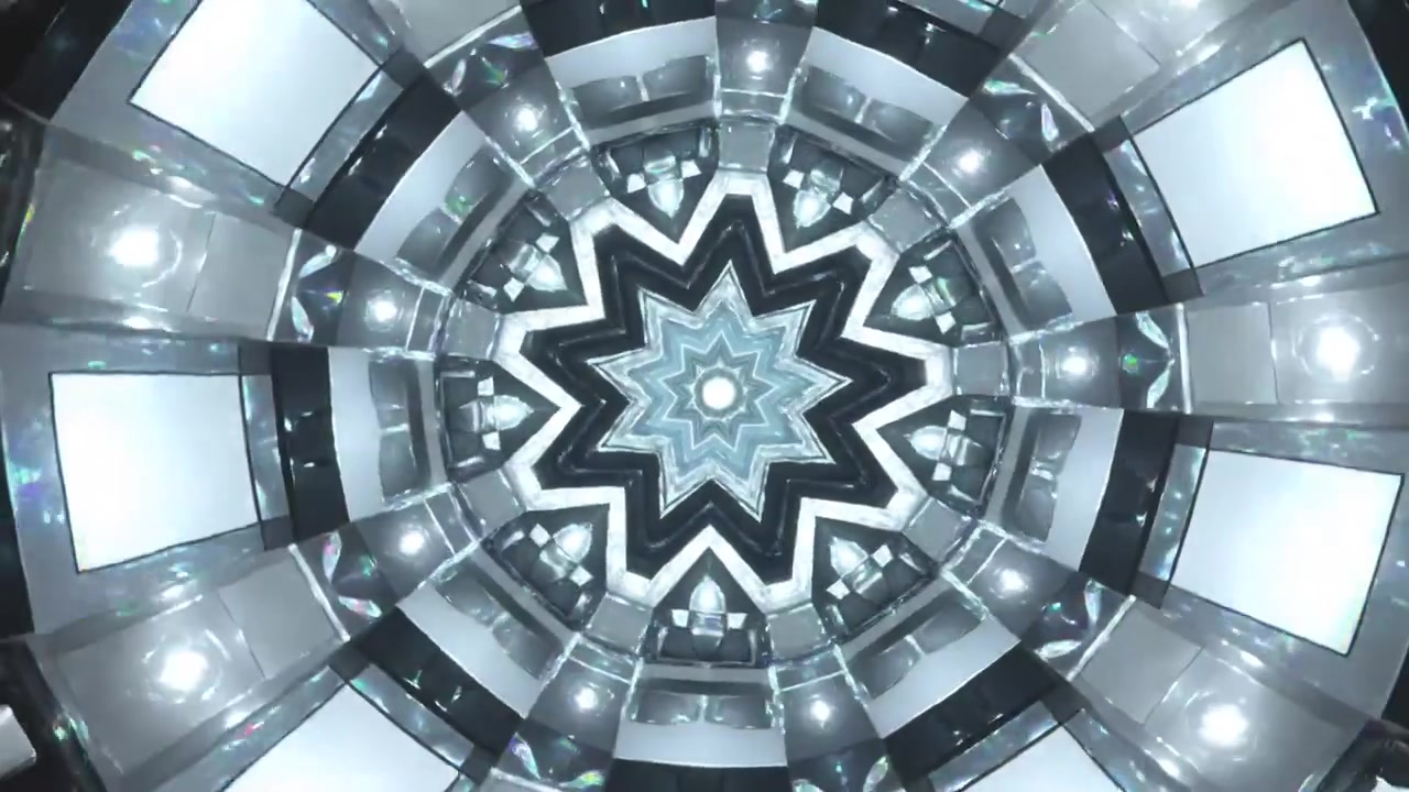Rotating kaleidoscope pulsing from light inside mirror tube, forming star, rings, panels, sparkles