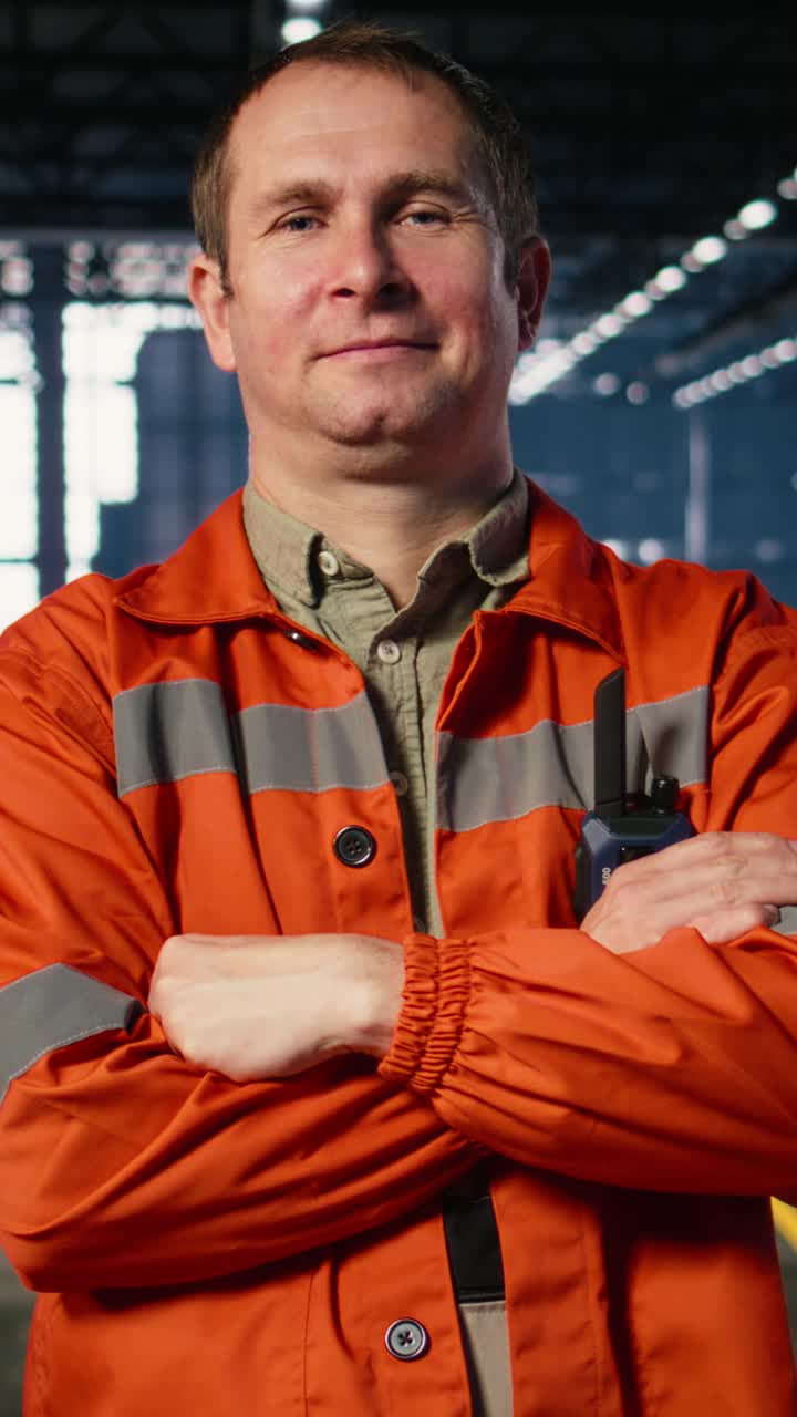 Vertical Video Portrait of supervisor in industrial workshop facility with protective gear