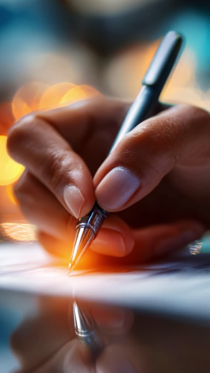 An Elegant Hand Holding a Pen Designs Written Words on Paper While Reflections and Bokeh Lights Create a Soft and Inviting Background Experience