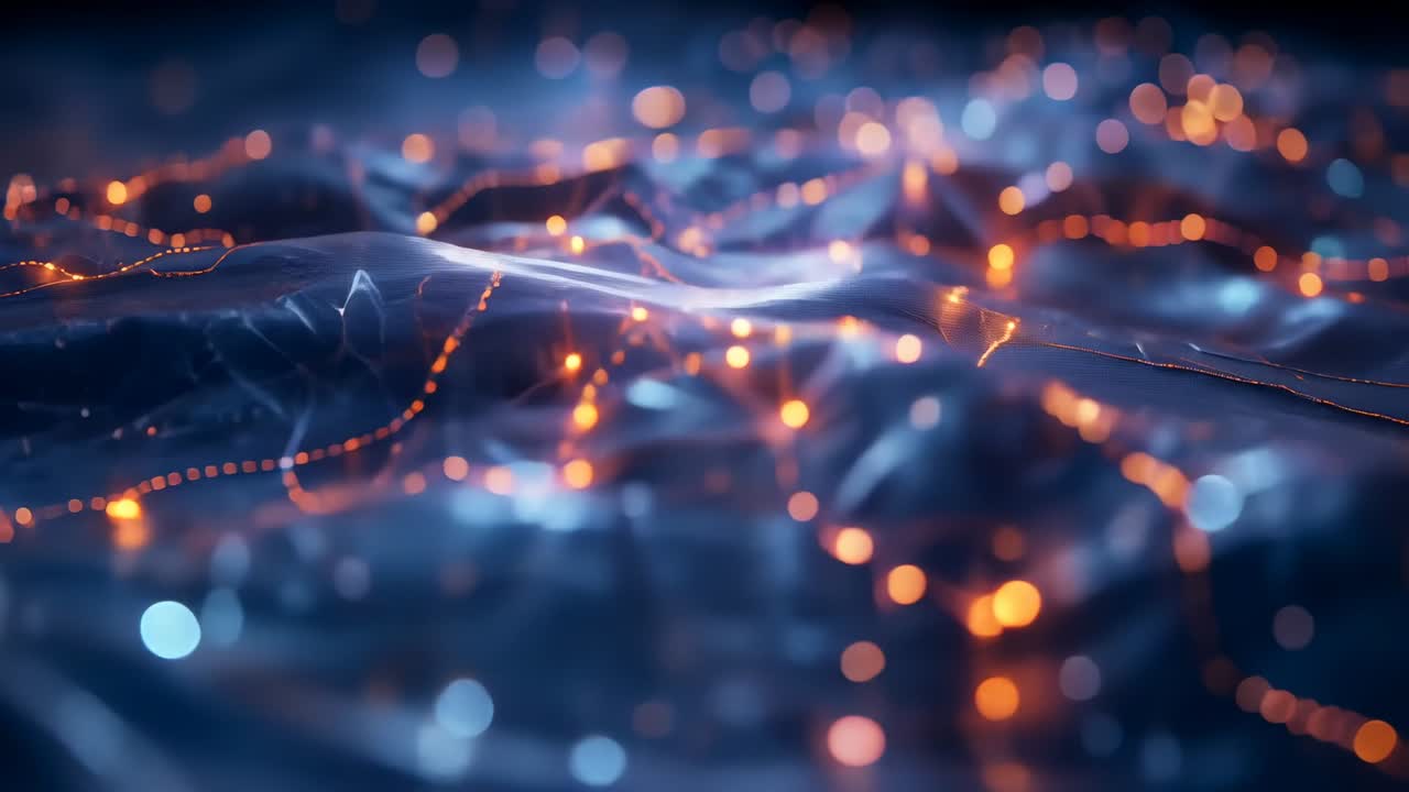 Starting surface waving in grid, orange lines and nodes pulsing then dimming with blue bokeh orbs