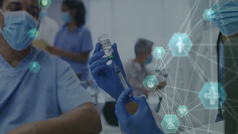 animación de redes de conexiones con iconos sobre diversos médicos que llevan máscaras faciales