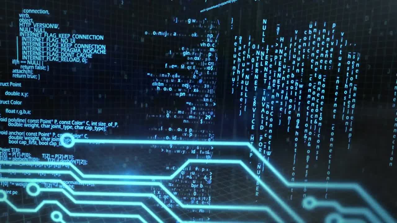 Animation of blue data scrolling and statistics recording with computer circuit