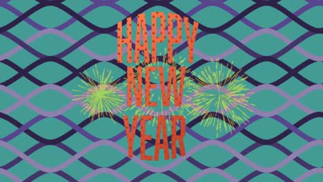 Animation-of-happy-new-year-text-over-pattern-and-fireworks