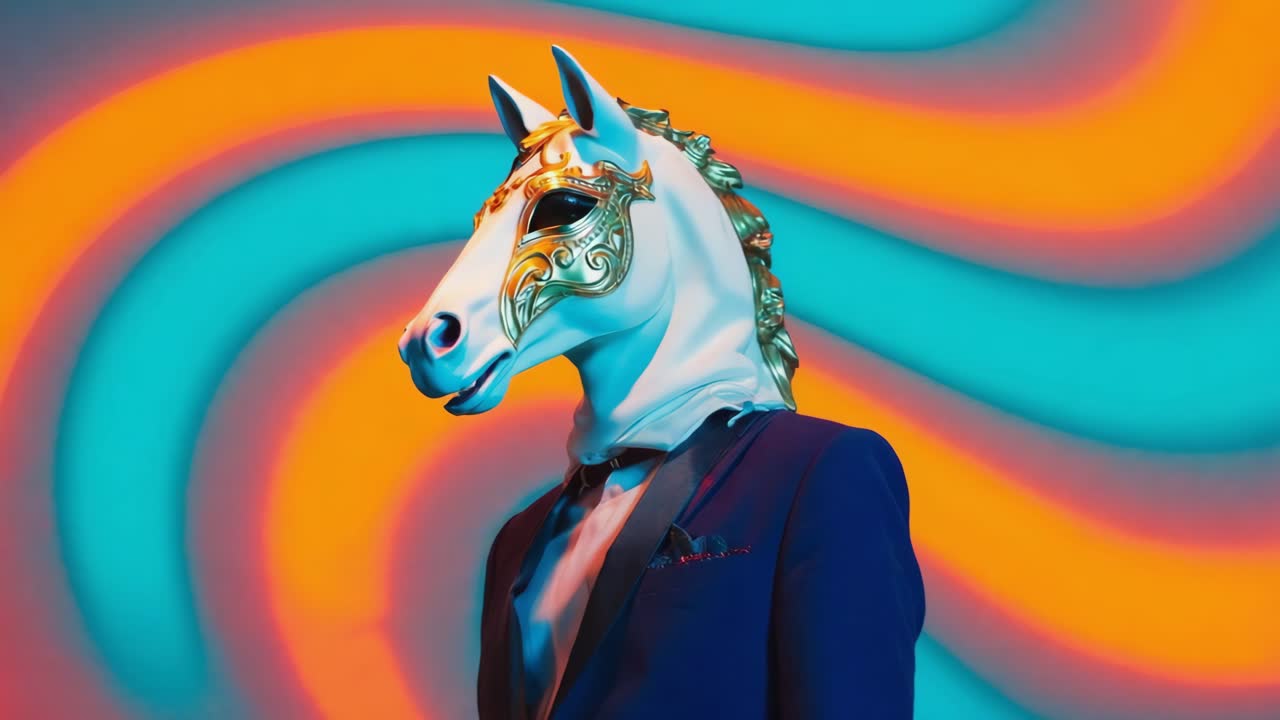 Person wearing horse mask and suit