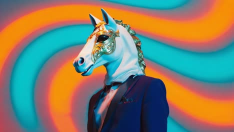 person wearing horse mask and suit