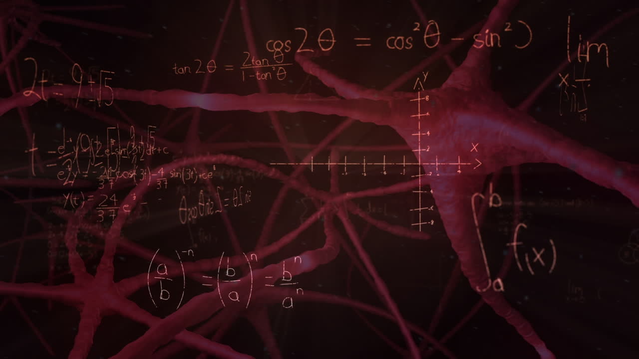 animación de ecuaciones matemáticas sobre las neuronas en fondo negro