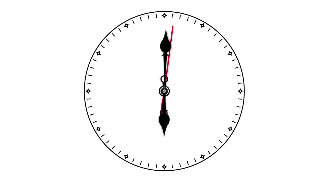 Round clock loop with hour, minute and second hands. Motion on white clock face. Animated 4k video