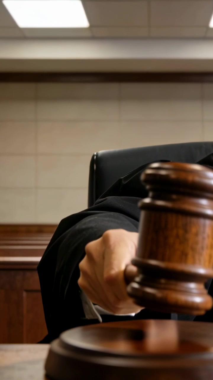 Video verticale: Mano di un giudice in toga che si alza battendo il martelletto sul blocco sonoro al banco del tribunale, pronunciando la sentenza