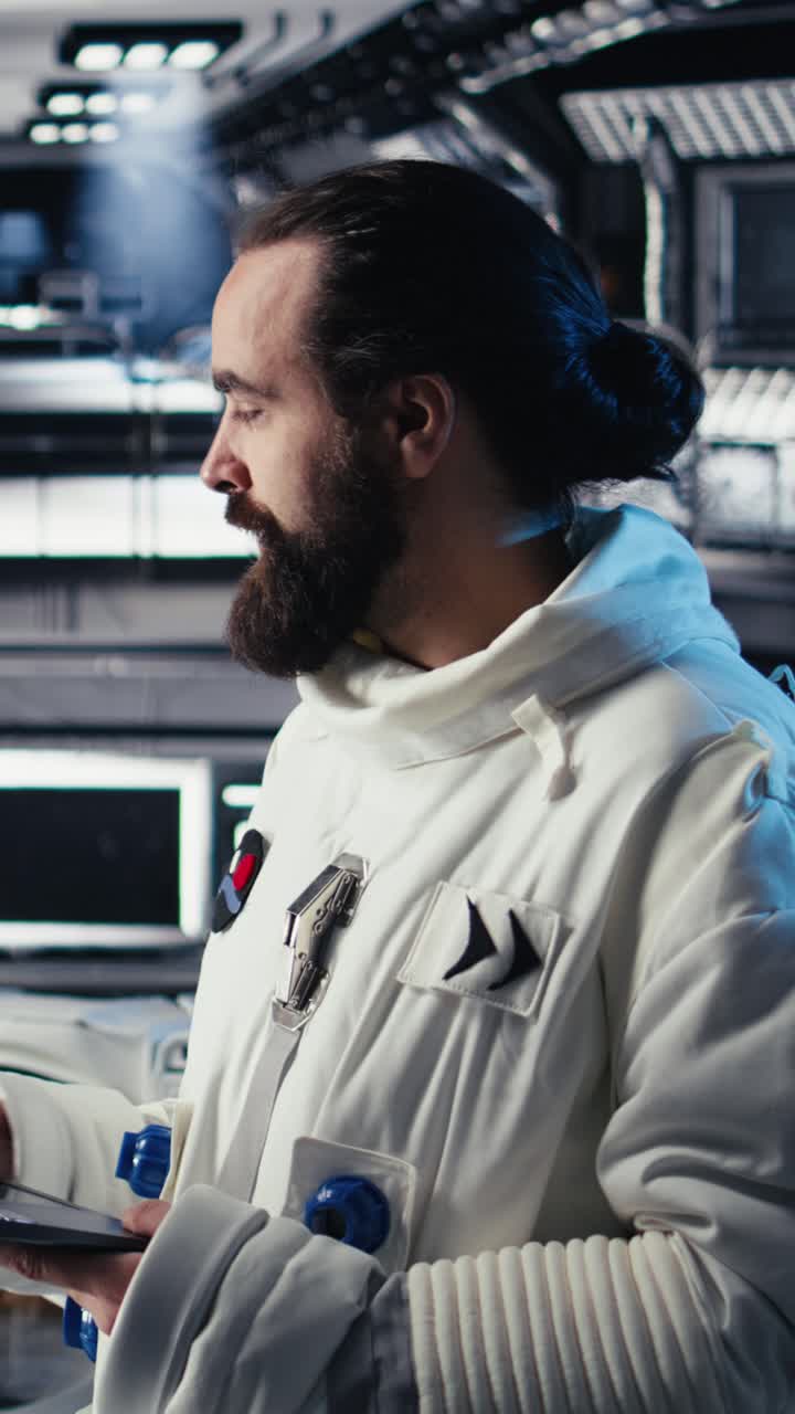 Vertical video Astronaut conducting safety checks before stepping out for scheduled operations