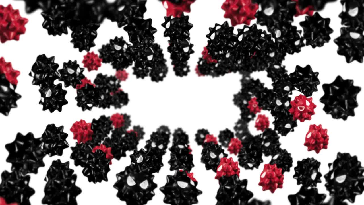 만화 캐릭터에서 많은 바이러스를 날아다니는. 빨간색과 검은색. 새로운 균열. 변종. 의학 개념. 화를 내는 바이러스 마스코트. 3d 루프 애니메이션.