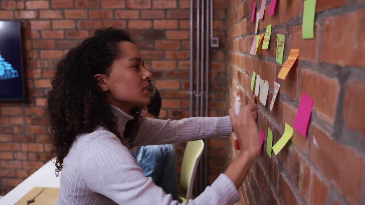 Creative businesswoman writing on sticky notes in modern office