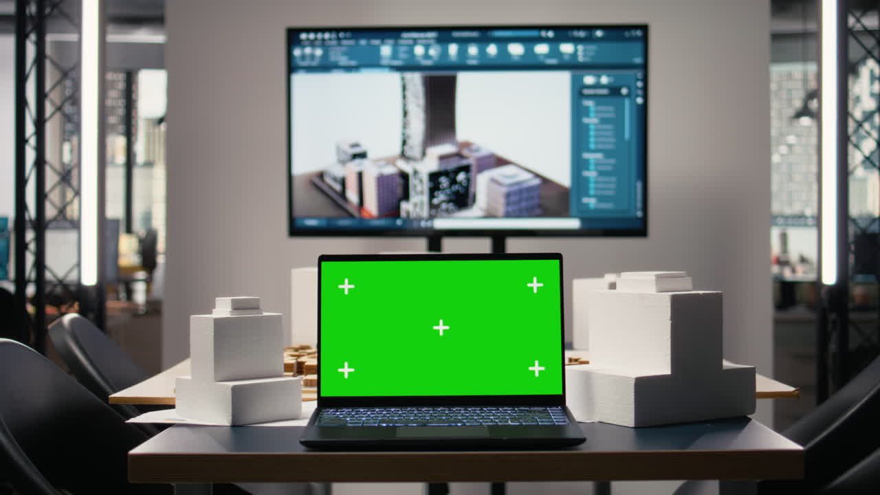 Empty workspace with mockup display prepared for a real estate team,