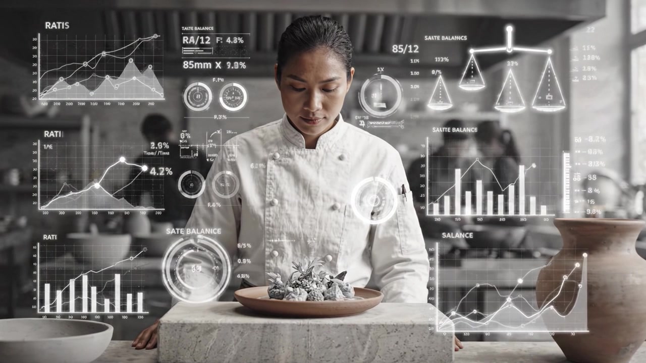 A Professional Chef Analyzing Culinary Data and Preparing a Dish in a Modern Kitchen with Stunning Visual and Graphic Representations of Food Metrics.