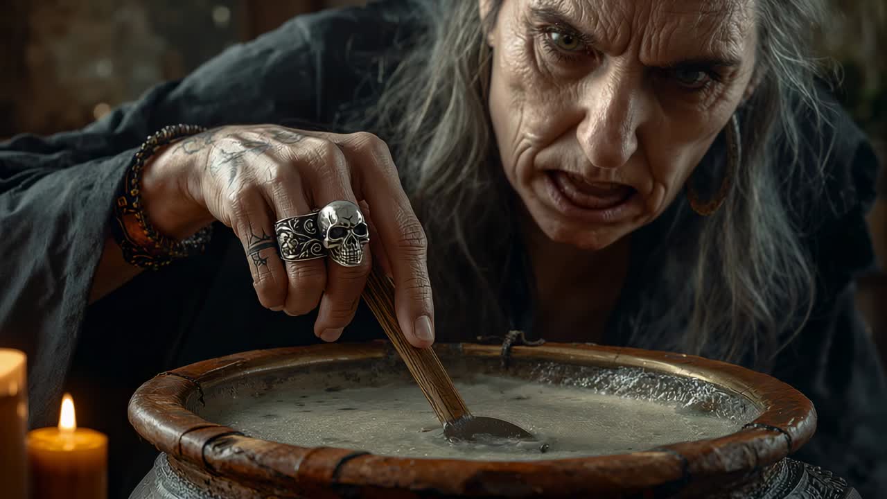 Lowering wooden rod robed sorceress stirring cauldron in dim stone cellar, chanting to awaken brew