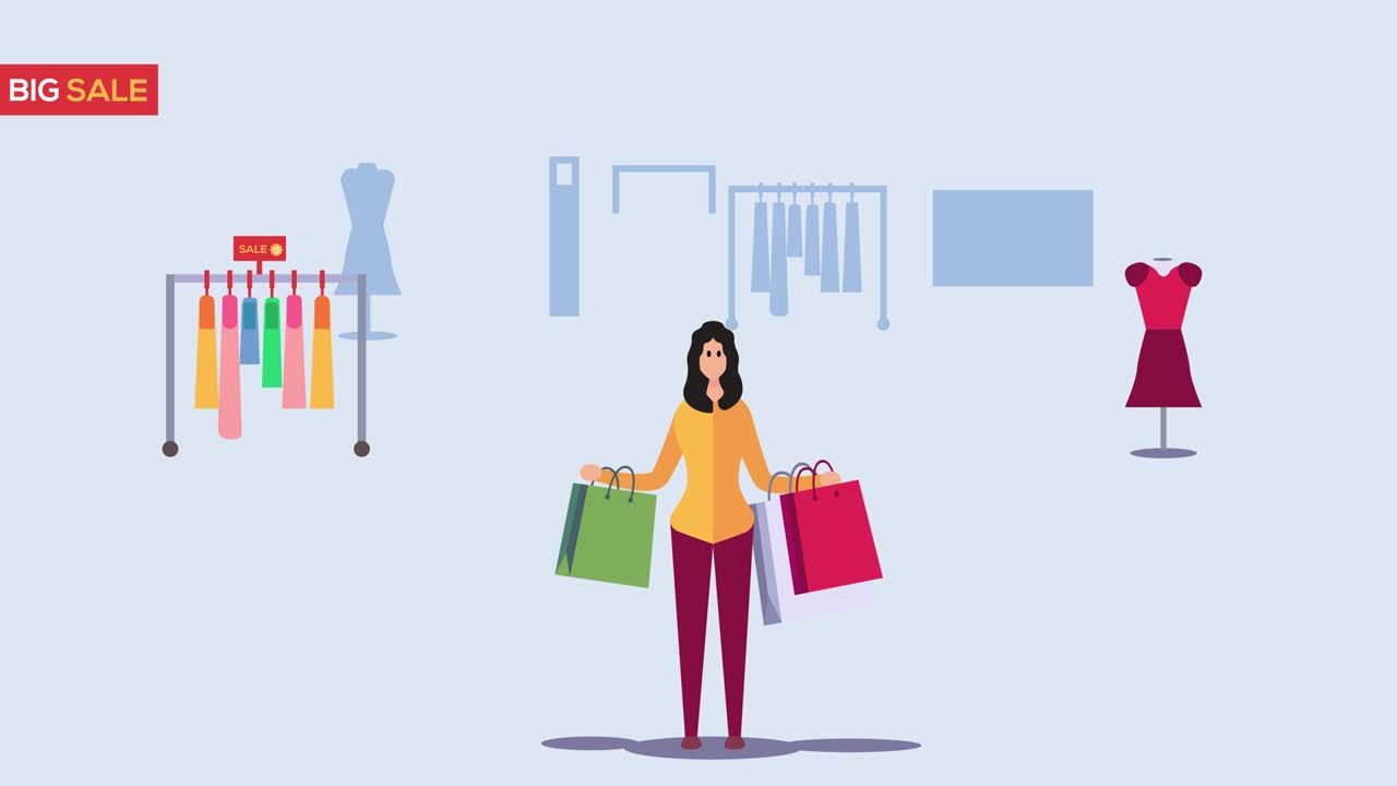 Woman holds shopping bags while enjoying big sale