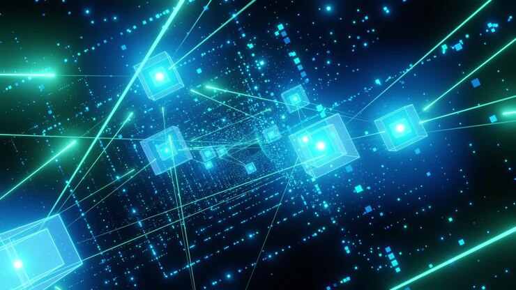 Big Data con sfondo di connessione a rete blockchain, concetto tecnologico, animazione di volo di un drone con telecamera, colore blu, risoluzione 4K.