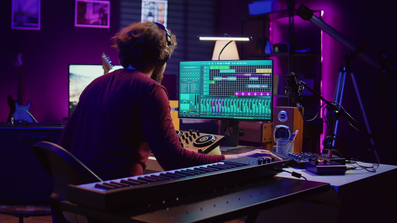 ingeniero de música que utiliza un palo usb para editar y agregar efectos de sonido en la grabación de audio