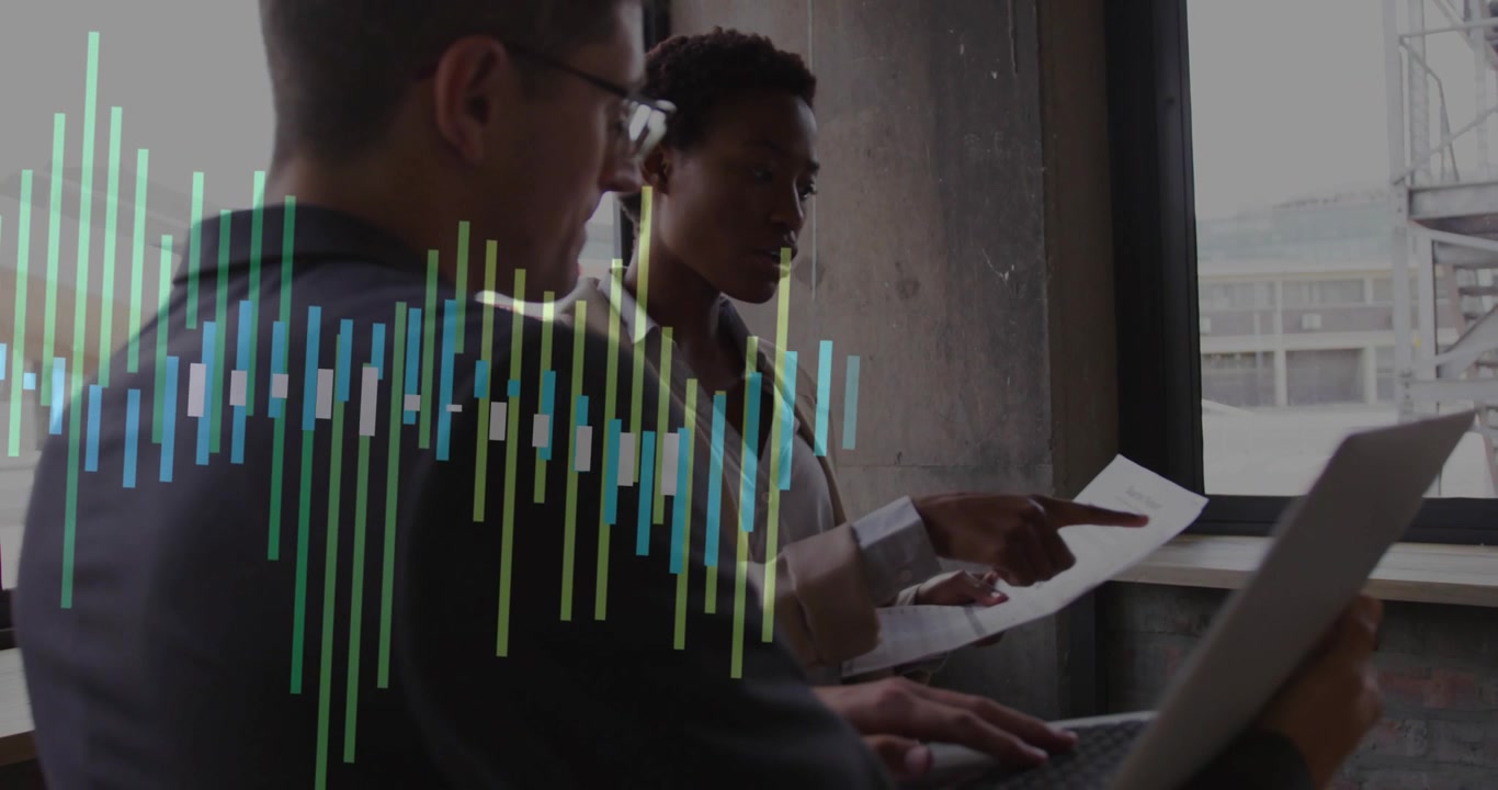 Business analyst stopping typing at sound waves arriving collaborating with manager checking charts