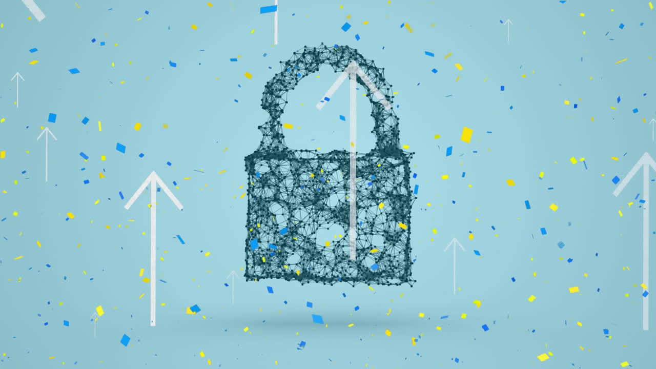 파란색 배경에 있는 보안 잠금 아이콘에 대항하여 떨어지는 콘페티와 여러 화살표가 위로 움직입니다.