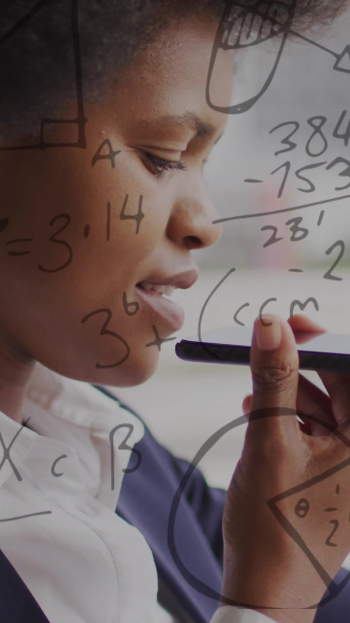 Animation of mathematical equations and business data over african american woman using smartphone