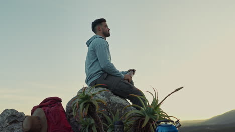 hiking, view of mountain and man drinking water