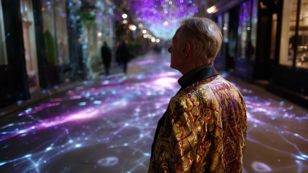 A Fascinating Display of Brilliant Lights and Patterns: An Individual Stands Amidst a Spectacular Installation of Colorful Projections Illuminating the Street, Creating an Enchanting Atmosphere for Onlookers