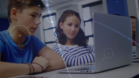 animation of kids using laptops over dots and lines floating in the background