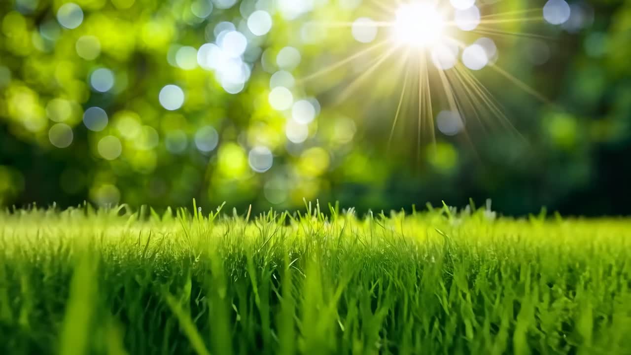 Close-up video of vibrant green grass with a low-angle perspective, capturing sunlight and bokeh