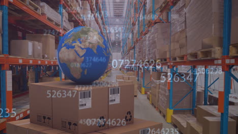 animation of numbers changing over globe and cardboard boxes in warehouse