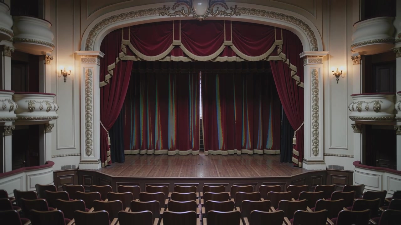 Apertura di tende di velluto rosso in un teatro decorato, con la cucitura centrale che si divide lasciando passare una luce sottile