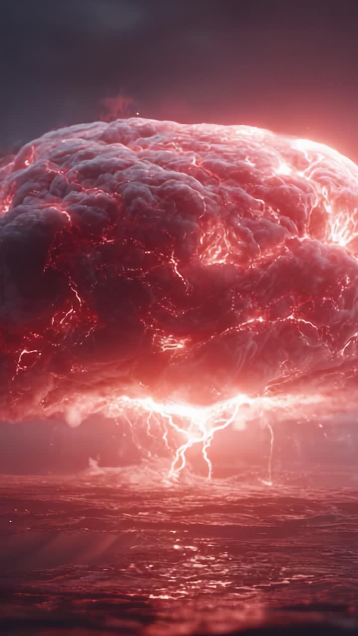 Visualizzazione intensa di una formazione nuvolosa esplosiva con scariche elettriche che trasmettono potenza ed energia in un'affascinante scena atmosferica