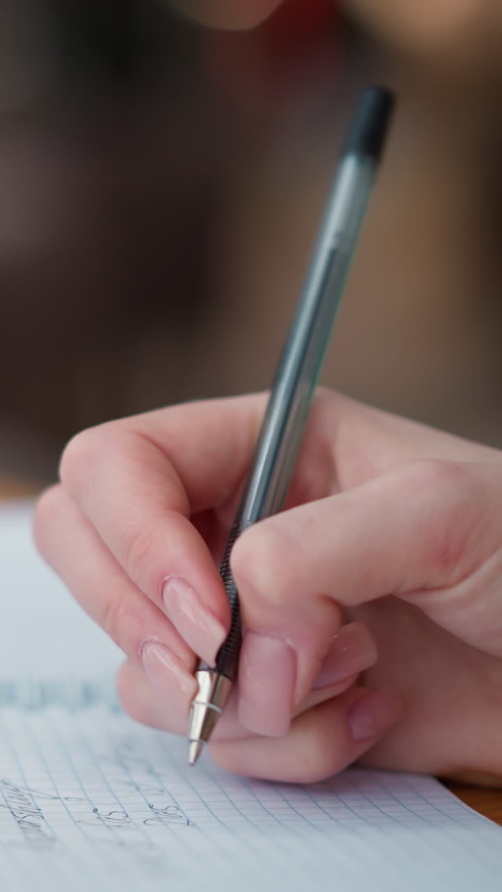 primer plano de escritura a mano con pluma negra en un cuaderno en una mesa de madera, cubierta de pluma al lado, y taza de café parcialmente visible, el fondo presenta una luz suave parpadeando