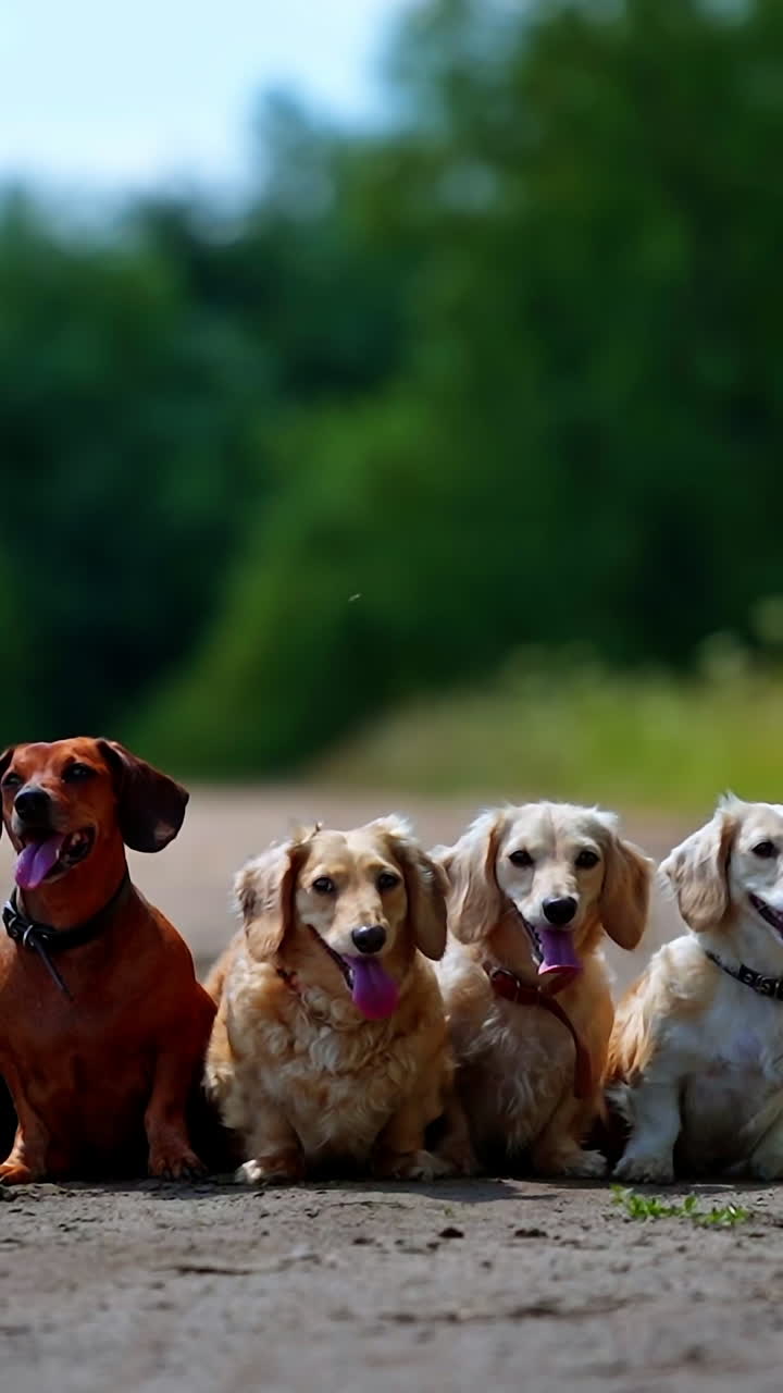 Different dog breeds. Looking straightforward. Different breeds of dogs are sitting in line on nature background. Green garden or forest background. Video of sitting dogs of small breeds. Vertical video