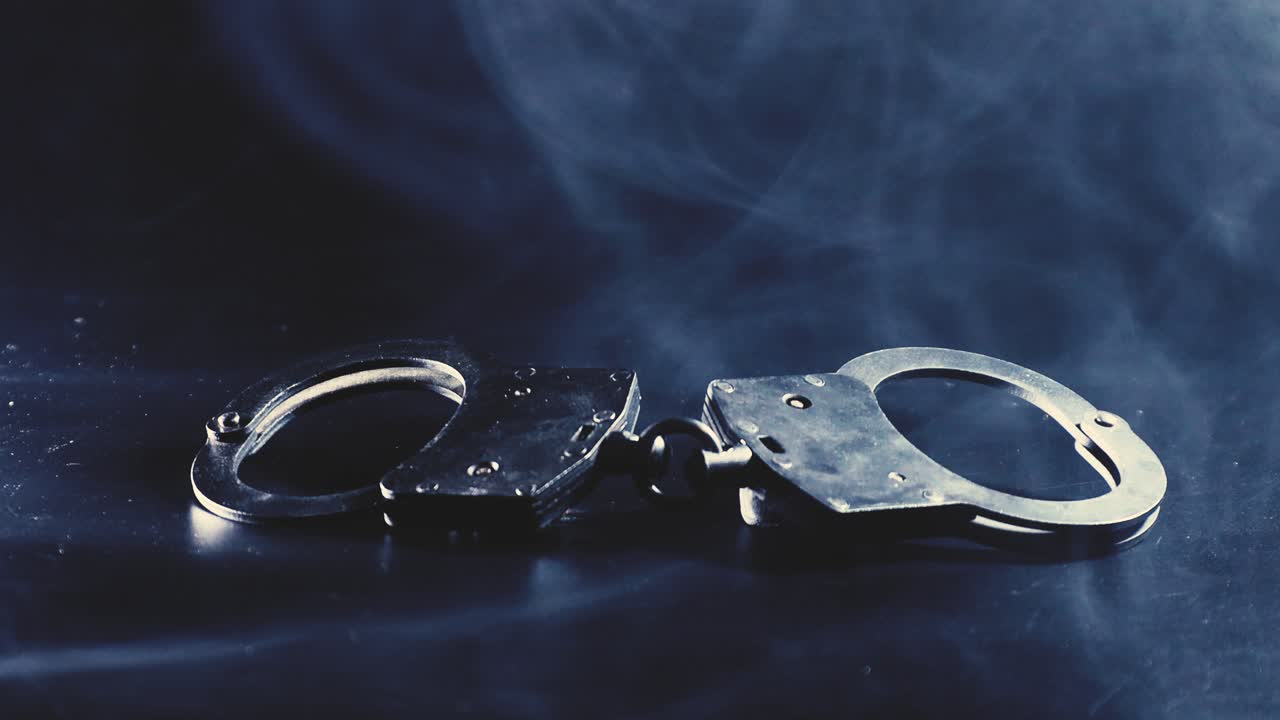 Un par de esposas metálicas colocadas sobre una superficie oscura, rodeadas de iluminación azul y humo, que simbolizan temas relacionados con la aplicación de la ley, arrestos o delitos