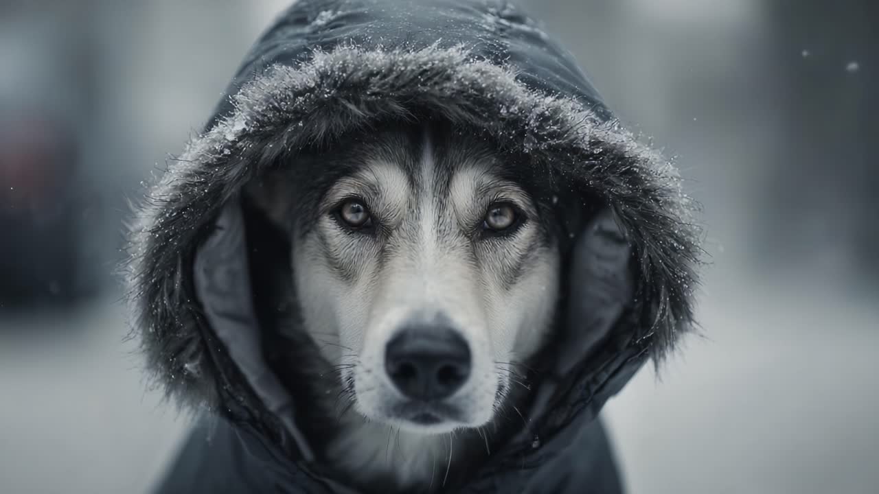A Majestic Dog Dressed for Winter Weather with a Cozy Hood, Capturing the Essence of Cuteness and Comfort Amidst a Snowy Background