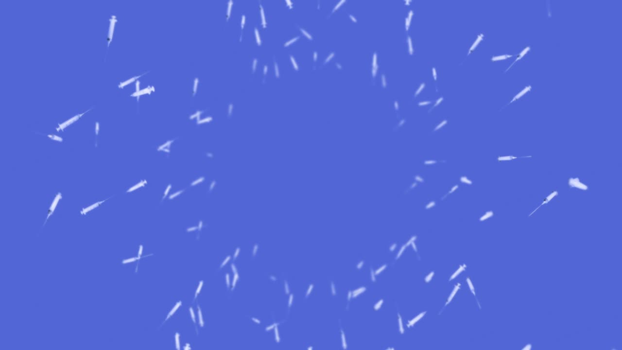 Flying many syringes for injection on blue background. Medical concept. Vaccine against the virus. Healthcare therapy. 3D loop animation.