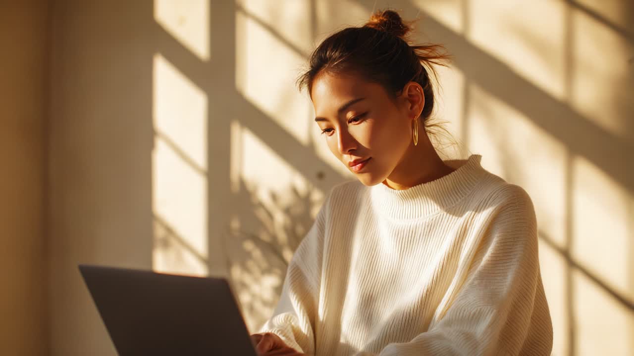 A woman engrossed in her work on a laptop, illuminated by soft sunlight streaming through a window, showcasing a serene atmosphere highlighted by warm tones and elegant shadows