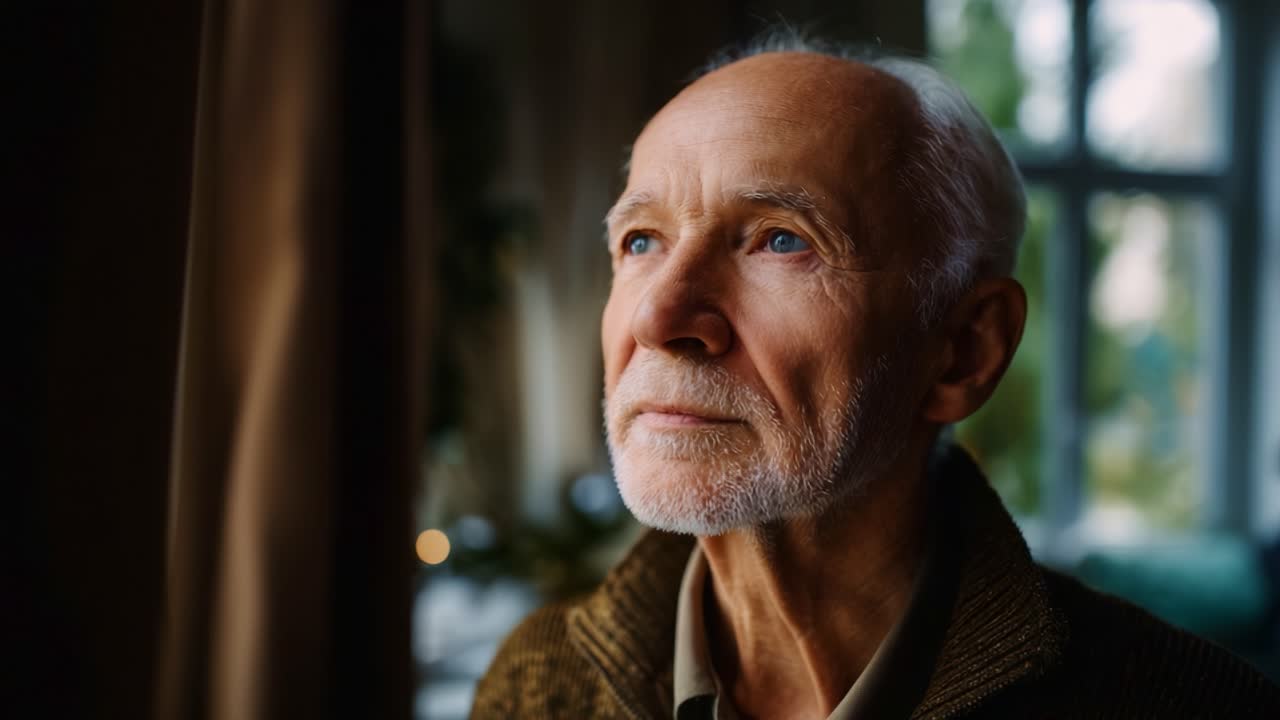 Un uomo anziano assorto che guarda pensieroso fuori dalla finestra, riflettendo su ricordi ed esperienze, con una luce naturale soffusa che illumina i suoi tratti