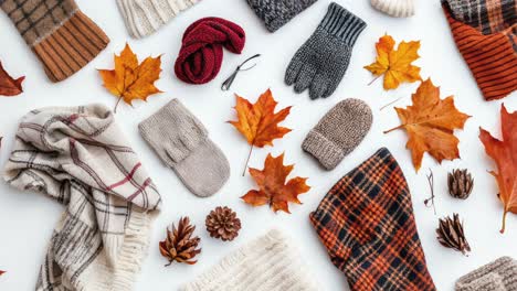 cozy autumn accessories with scarves and beanies flatlay