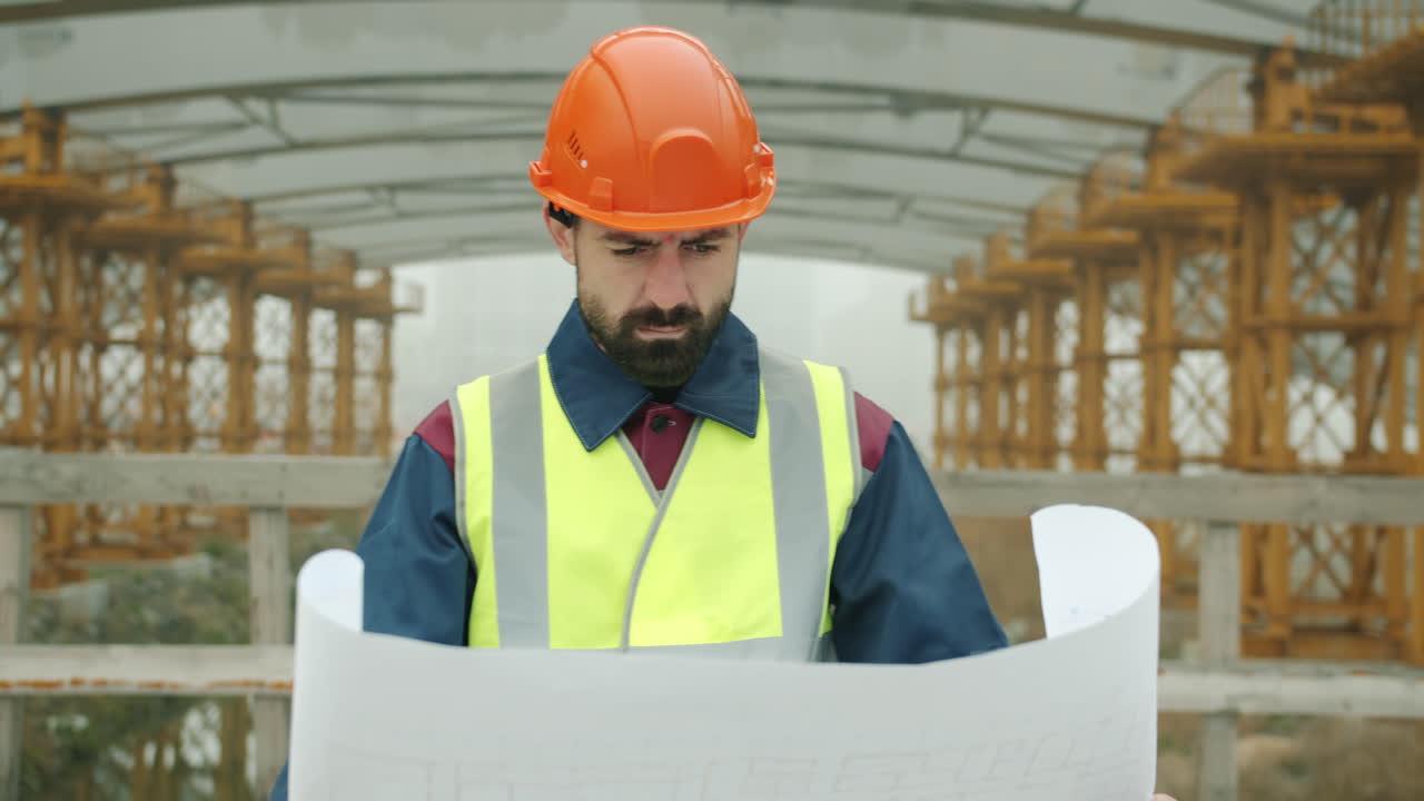 Construction Engineer Reviewing Plans on a Construction Site