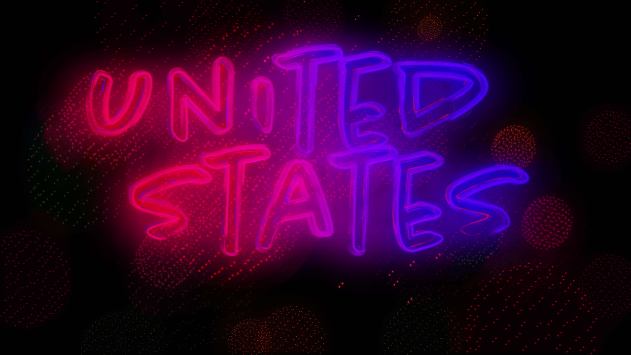 animación de estados unidos texto y fuegos artificiales en fondo negro