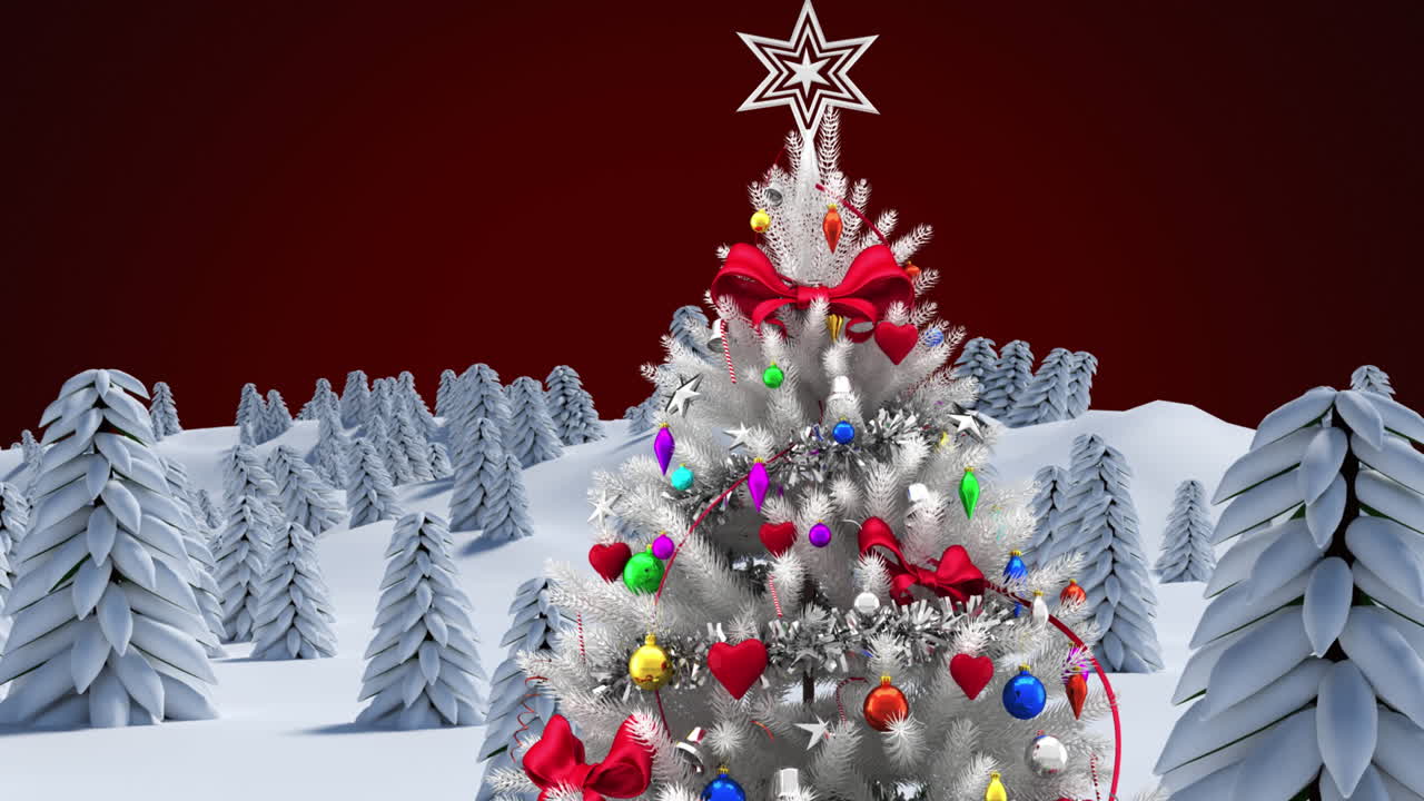 ⁇ 은 배경 에 겨울 풍경 의 장식 과 함께 소나무 의 애니메이션