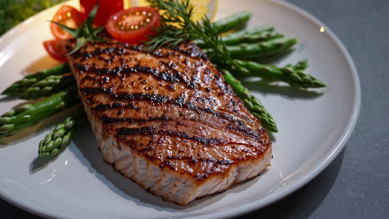 Draufsicht eines gegrillten Lachssteaks mit Spargel und Tomaten auf einem weißen Teller