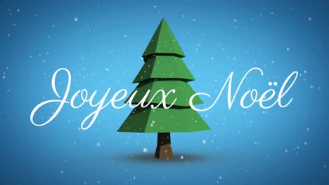 Animation-of-joyeux-noel-christmas-greetings-over-christmas-tree-on-green-background