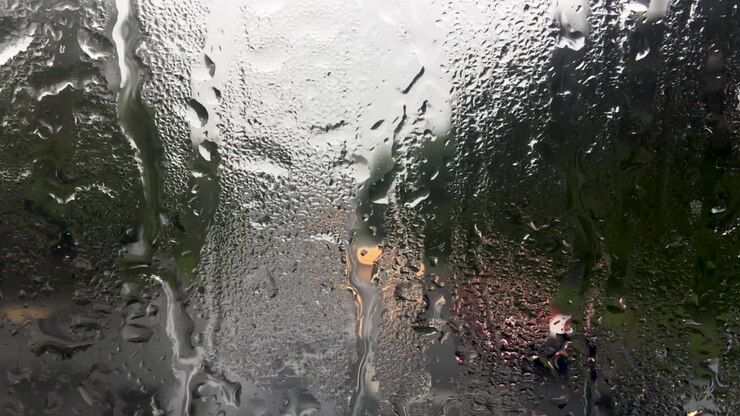 Rain running down the front window of a double decker bus