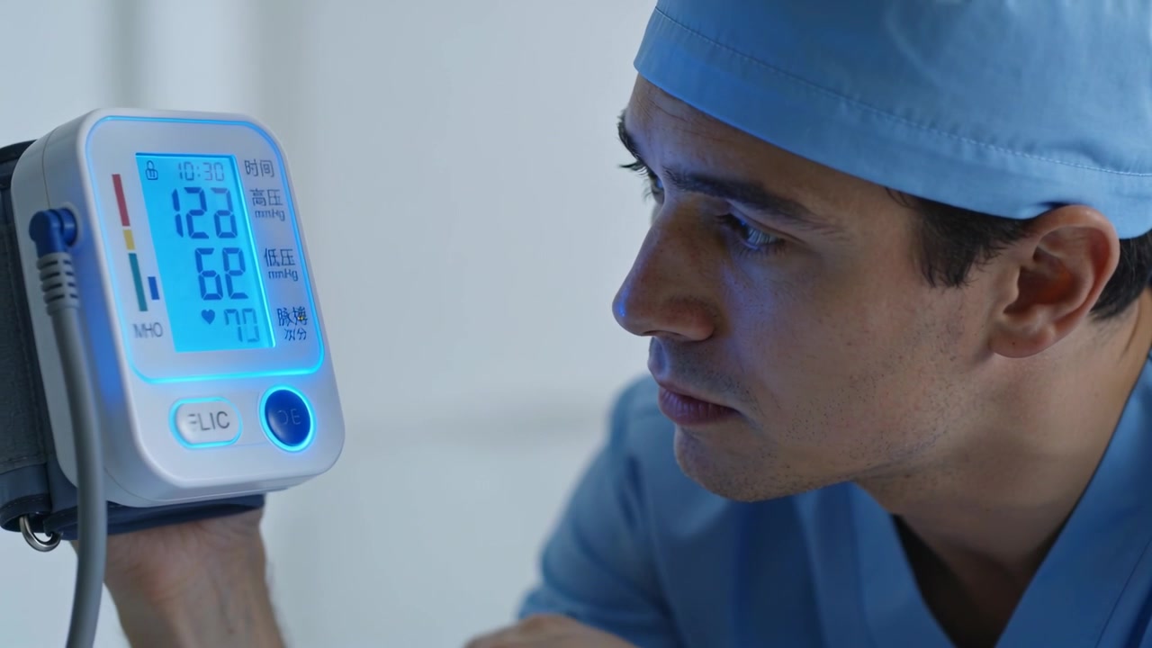 Un clinico in camice e cuffia preme il pulsante di avvio in clinica, confermando il monitor con bracciale.