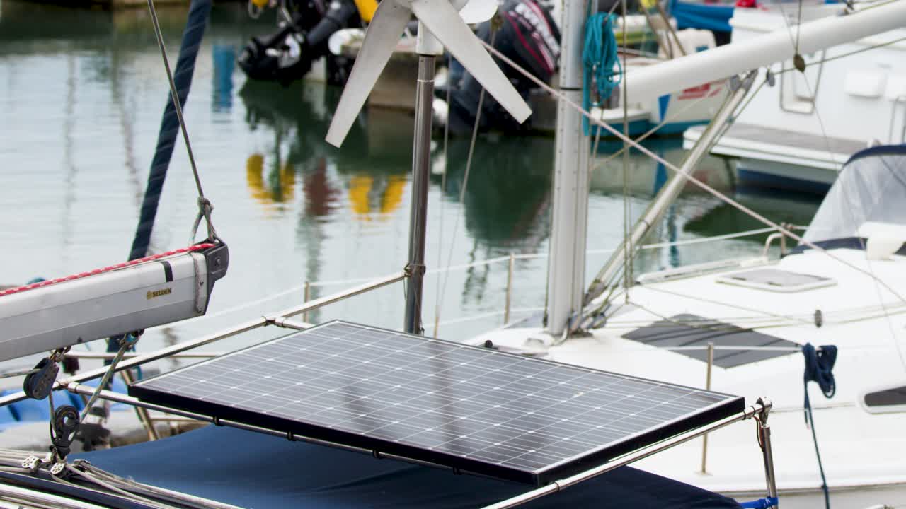 Wind turbine spins beside solar panel on sailboat, docked in calm marina under overcast daylight