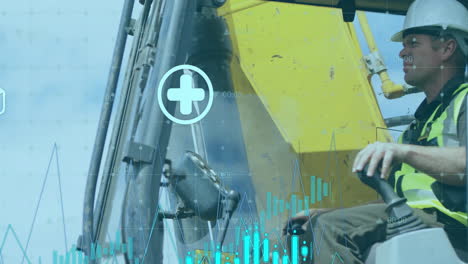 animación de datos de salud y seguridad sobre un trabajador de la construcción que opera maquinaria pesada