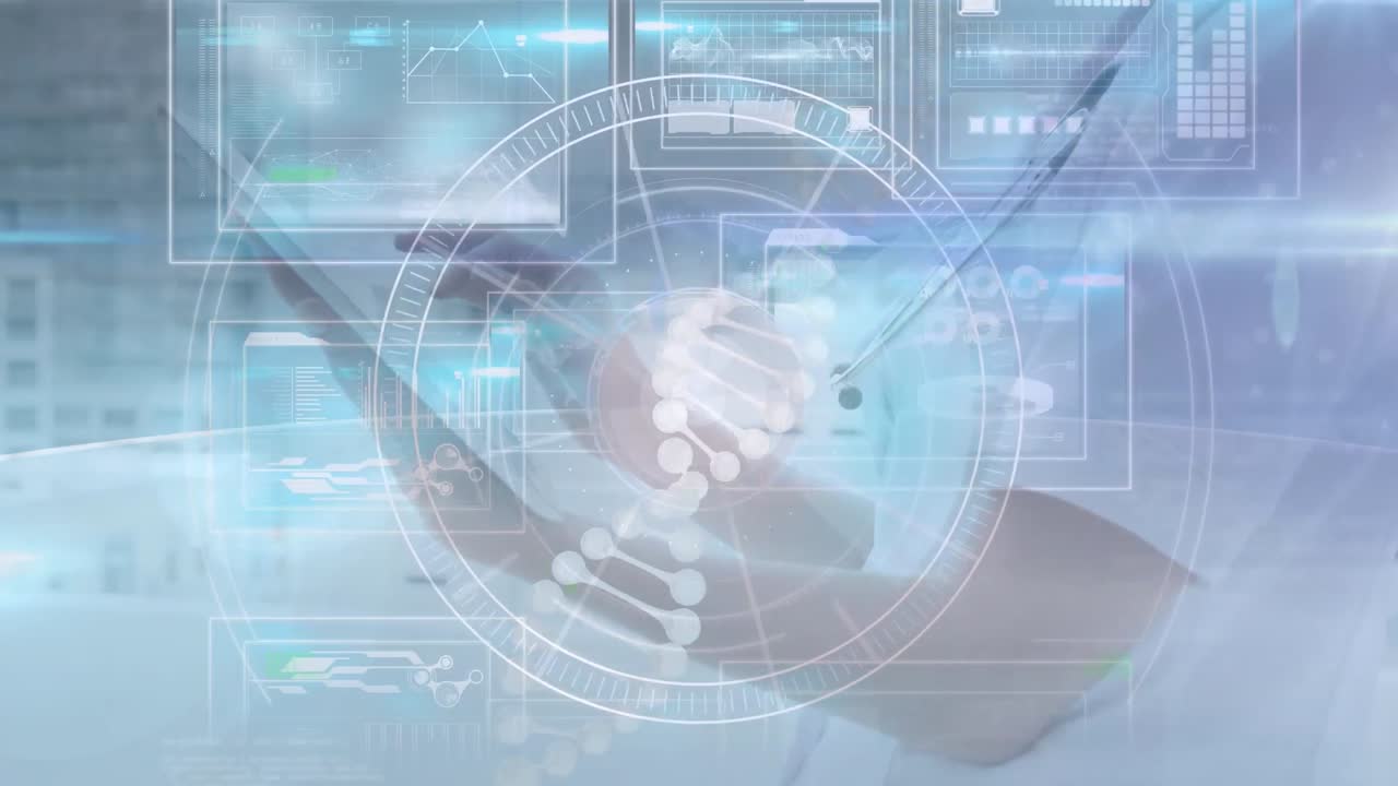 디지털 스크린을 통해 회전하는 dna의 애니메이션과 태블릿을 사용하는 백인 여성의 데이터와 손