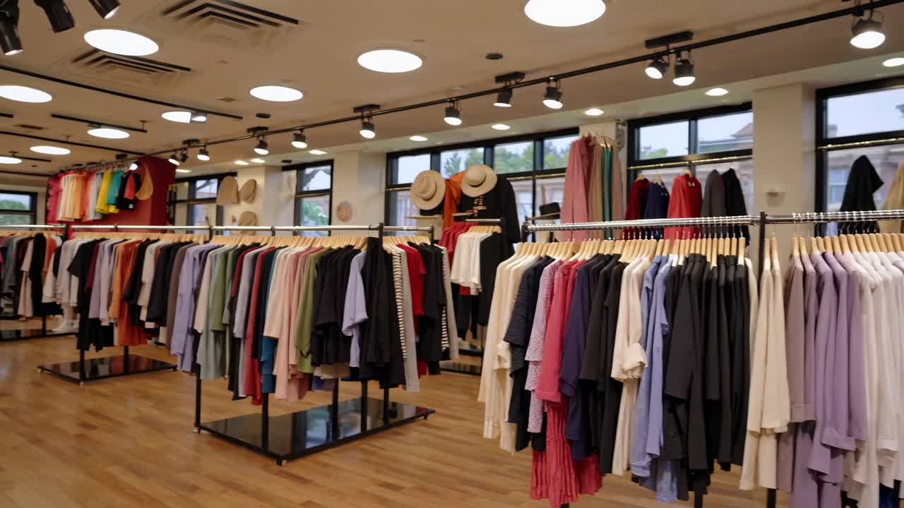 Wide-angle video shot of a modern clothing store interior, showcasing neatly arranged racks